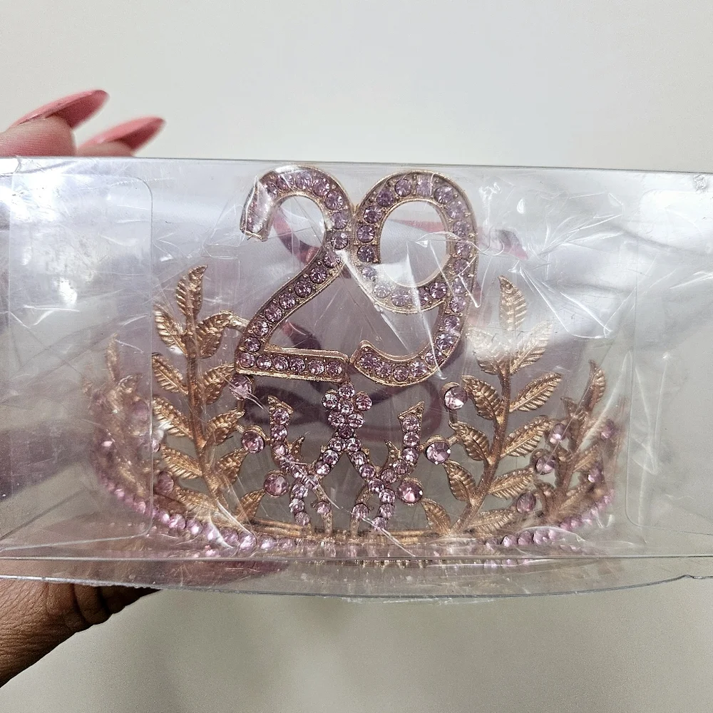 NWT 29th Birthday Party Princess Tiara and Sash in Rosegold and Pink Rhinestones